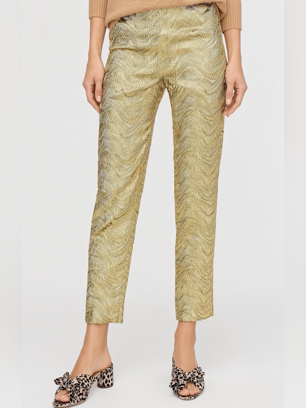 NWT J.Crew Collection Malhia Kent Metallic Gold Leaf Jacquard Cigarette Pants 4